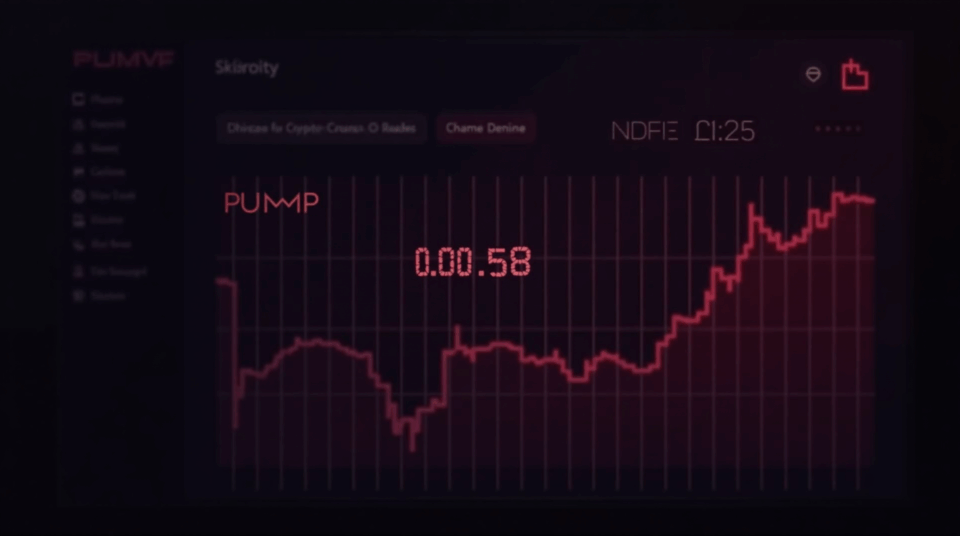 Photorealistic trader reviews a glowing dashboard with a red downward PUMP chart near 0.0058 and thinning network nodes.