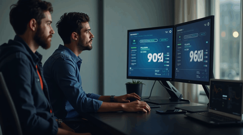 Crypto trader and developer at a clean desk; screens show 1% revenue in USDC for referral links.