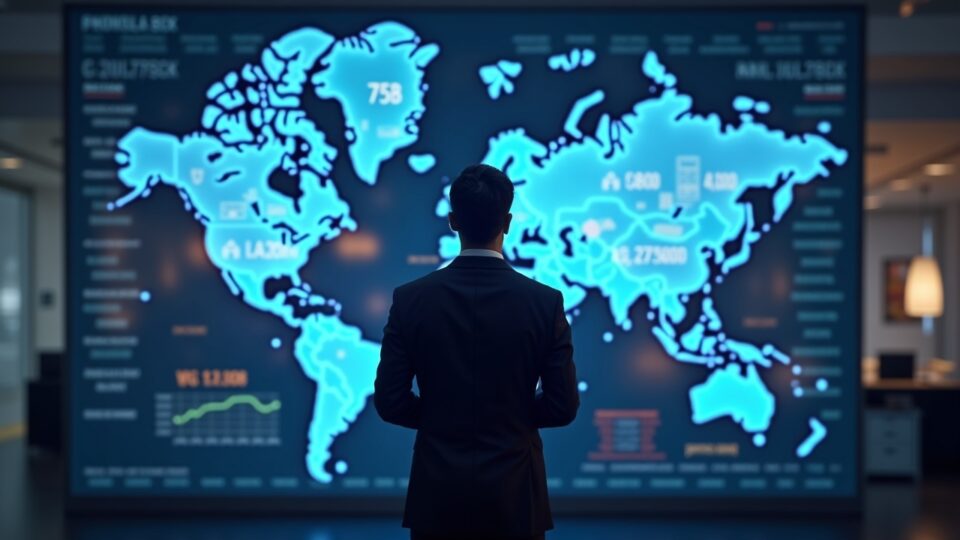 Fintech executive in front of a London-NY stock exchanges map with 75B/150B holograms and AML risk layers.
