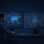 Institutional executive oversees an on-chain RLUSD map connecting BUIDL and VBILL, showing 24/7 liquidity.