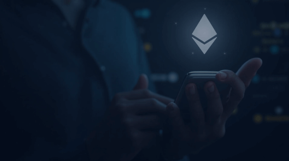 User in front of an Ethereum wallet with the RNBW token glowing on a dashboard, urban blockchain background