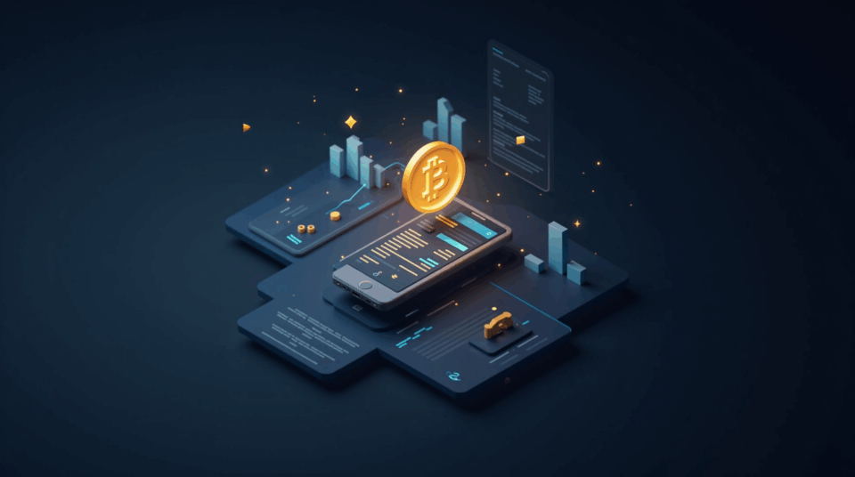 Icon of a fintech app merging with a digital coin, with stock market quotes and a regulatory document in the background.