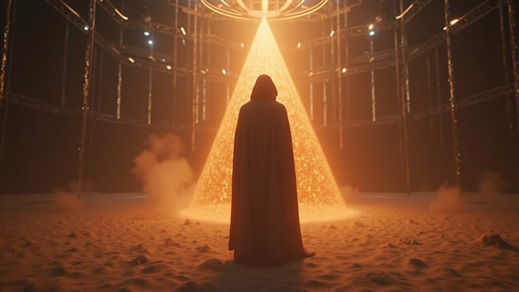 Central figure in The Sandbox: Ethereum chains forming a studio, SAND gas glow and TOKEN2049 background.