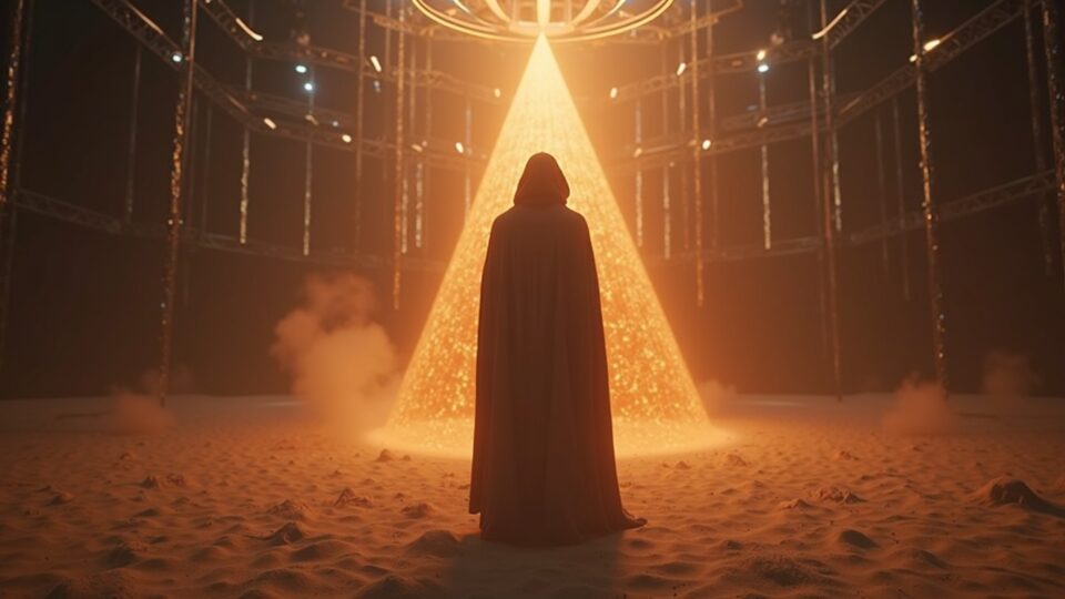 Central figure in The Sandbox: Ethereum chains forming a studio, SAND gas glow and TOKEN2049 background.