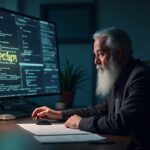 Photorealistic portrait of Satoshi in a newsroom, with an OP_RETURN stream merging into the blockchain.