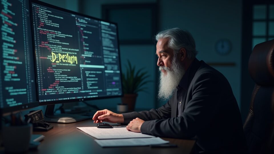 Photorealistic portrait of Satoshi in a newsroom, with an OP_RETURN stream merging into the blockchain.