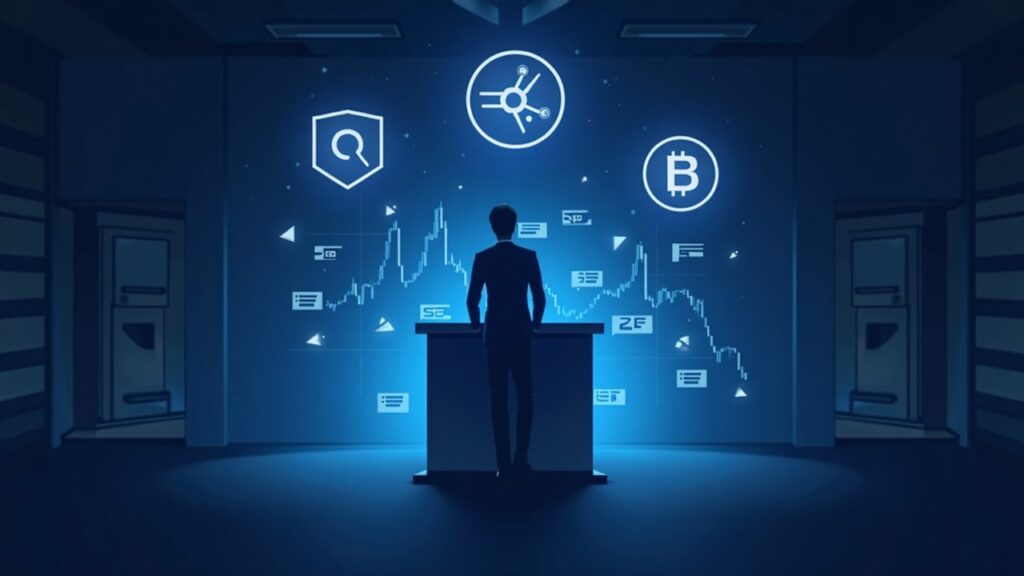 Newsroom: central figure at a console, SOL, XRP and DOGE logos over a chart of the SEC's fast-track listings.