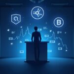 Newsroom: central figure at a console, SOL, XRP and DOGE logos over a chart of the SEC's fast-track listings.