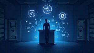 Newsroom: central figure at a console, SOL, XRP and DOGE logos over a chart of the SEC's fast-track listings.