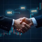 SEC and CFTC regulators shake hands over a digital crypto chart, with holographic symbols.