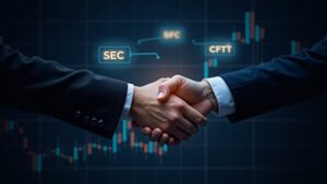 SEC and CFTC regulators shake hands over a digital crypto chart, with holographic symbols.