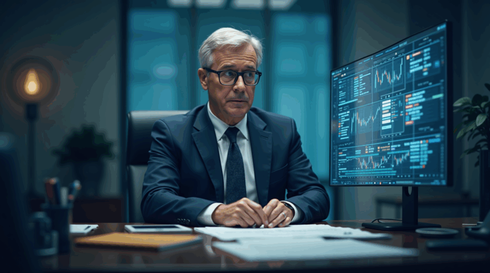 SEC regulator in a modern office reviews digital tokens on the table, alongside documents and a crypto screen.