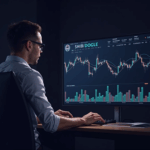 Trader at a sleek crypto desk analyzes a volatile SHIB/DOGE chart, with token burn rate and Shibarium visuals.
