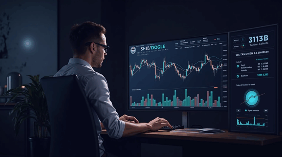 Trader at a sleek crypto desk analyzes a volatile SHIB/DOGE chart, with token burn rate and Shibarium visuals.