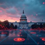 U.S. Capitol at sunset, digital financial grid with Bitcoin and stablecoins, red volatility arrows.