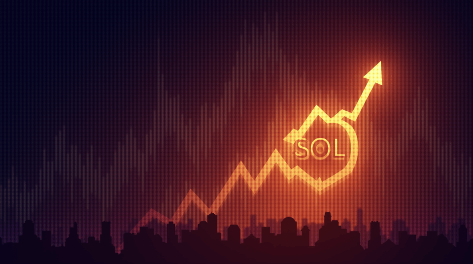 Solana above 240 with institutional silhouettes, glowing SOL logo and futures open interest chart