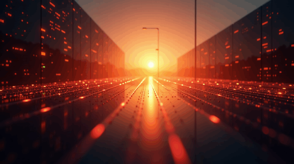 Sunrise over a futuristic data center as data blocks race toward instant finality in a web3 network.