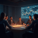 Modern boardroom with an illuminated Solana treasury dashboard and institutional experts discussing blockchain.