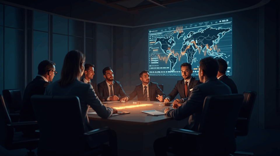 Modern boardroom with an illuminated Solana treasury dashboard and institutional experts discussing blockchain.