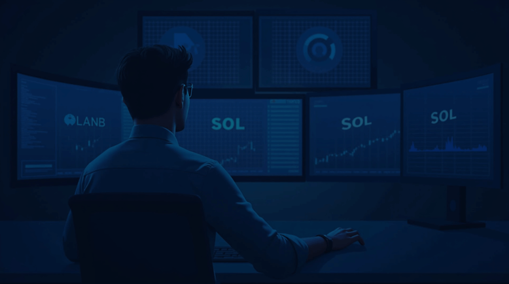 Solana trader at a modern desk with multiple monitors displaying SOL charts and a Solana logo.