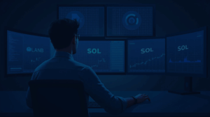 Solana trader at a modern desk with multiple monitors displaying SOL charts and a Solana logo.