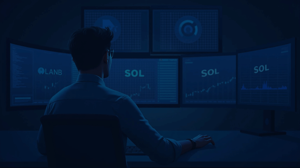 Solana trader at a modern desk with multiple monitors displaying SOL charts and a Solana logo.