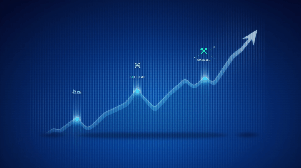 Logos of Solana and XRP rising over a crypto market capitalization chart on a blue background.
