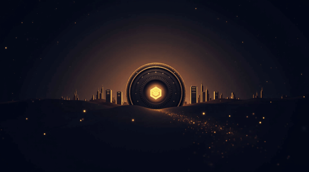 Photorealistic: silhouette of a Solana vault, UAE skyline and blockchain nodes connected to bare metal servers.