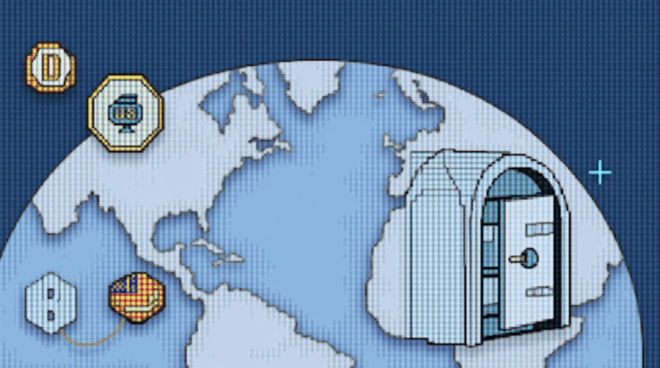 Globe with digital connections, a vault and symbols of the U.S. and Bermuda, representing regulated stablecoin payments.