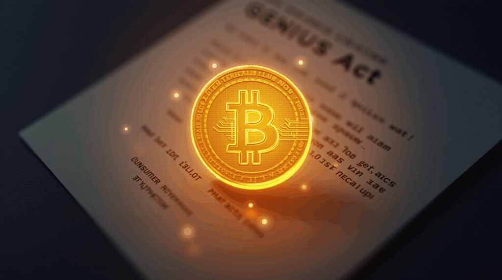 Luminous stablecoin in the center, surrounded by a shield and visible reserve bars, with the GENIUS Act in the background.