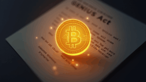Luminous stablecoin in the center, surrounded by a shield and visible reserve bars, with the GENIUS Act in the background.