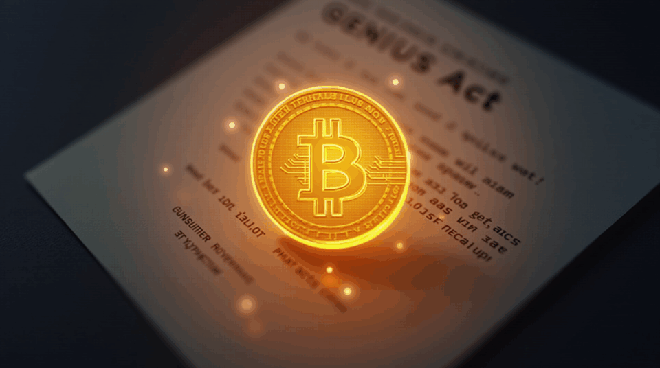 Luminous stablecoin in the center, surrounded by a shield and visible reserve bars, with the GENIUS Act in the background.