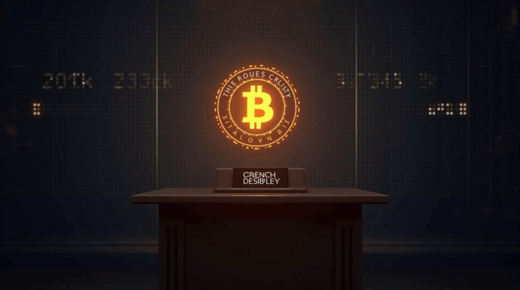 Futuristic parliamentary chamber with a glowing Bitcoin symbol as a strategic reserve and ticker 200k/230k