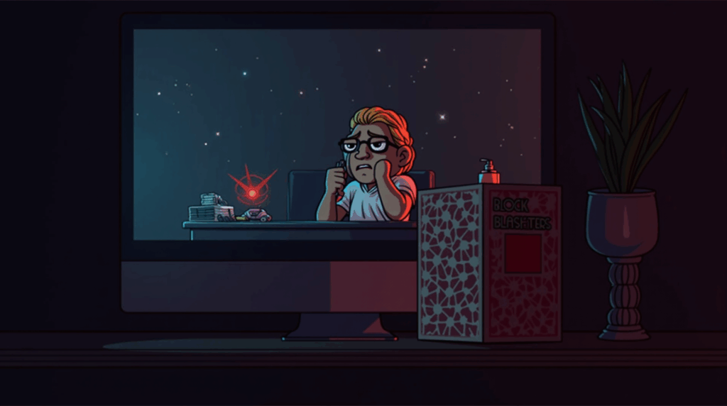 Anguished streamer in front of a computer, Solana draining on the screen and the BlockBlasters box with a red warning.