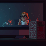 Anguished streamer in front of a computer, Solana draining on the screen and the BlockBlasters box with a red warning.