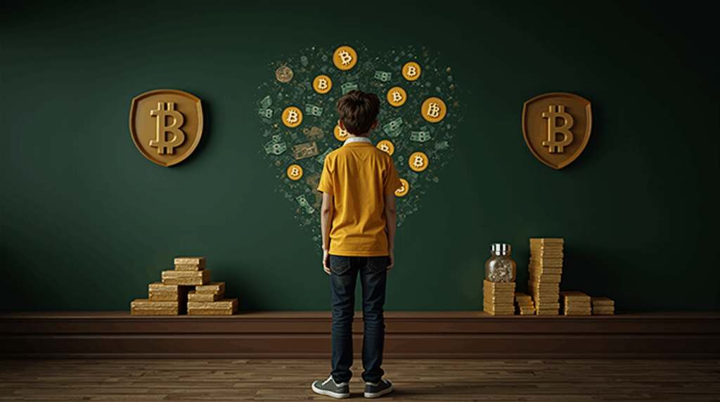 Student before a blackboard: fiat money dissolves into Bitcoin, gold bars, and a financial sovereignty shield.