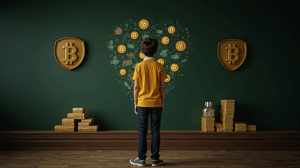 Student before a blackboard: fiat money dissolves into Bitcoin, gold bars, and a financial sovereignty shield.
