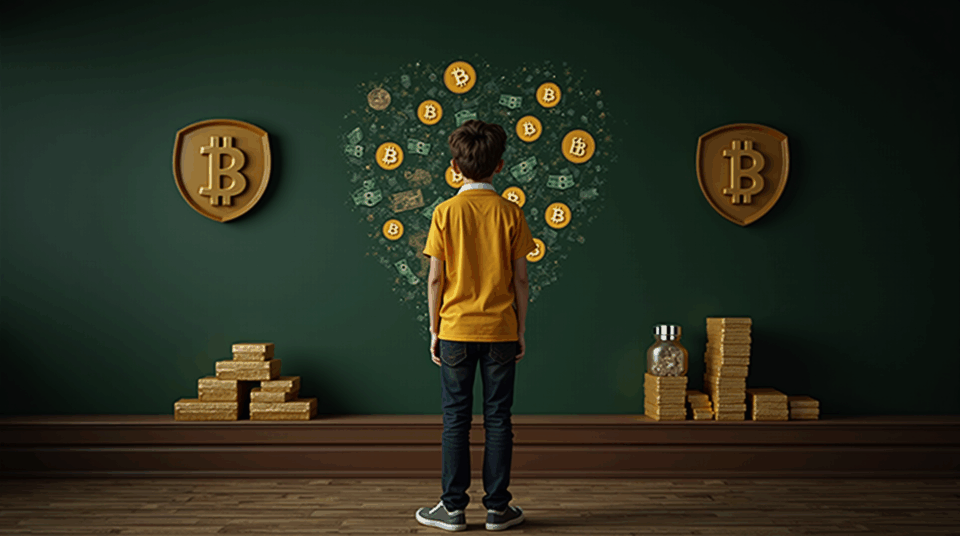 Student before a blackboard: fiat money dissolves into Bitcoin, gold bars, and a financial sovereignty shield.