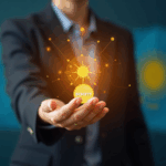 Bank professional holds an illuminated tenge token; background with Solana and Mastercard and the flag of Kazajistán.