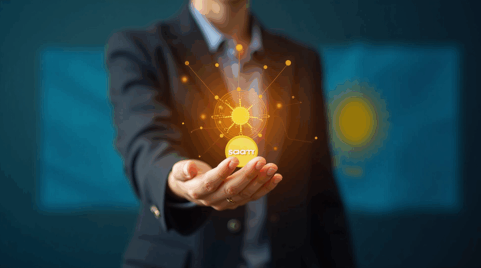 Bank professional holds an illuminated tenge token; background with Solana and Mastercard and the flag of Kazajistán.