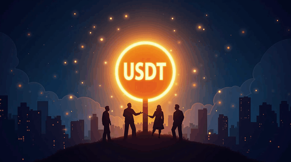 Central USDT shines with silhouettes of SoftBank and Ark investors, a city skyline and regulatory scales in the background.