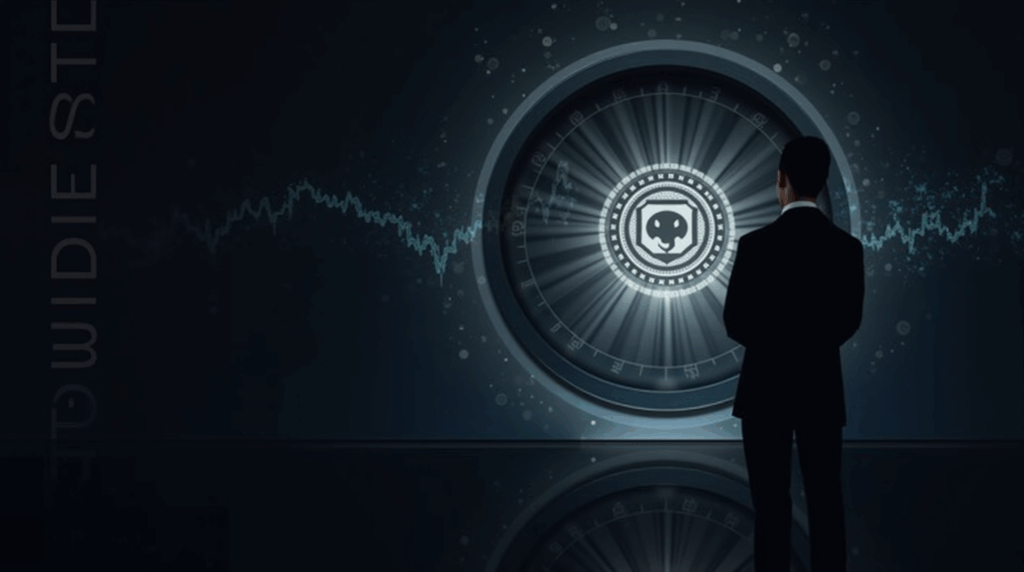 Executive in front of vault with USDT logo, upward-trending charts and outline of El Salvador, indicating private valuation and regulatory scrutiny.