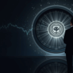 Executive in front of vault with USDT logo, upward-trending charts and outline of El Salvador, indicating private valuation and regulatory scrutiny.