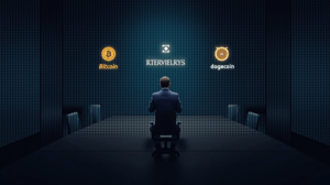 Boardroom with digital wall of BTC and Dogecoin, buyback ticker and figure outlining crypto treasury strategy.