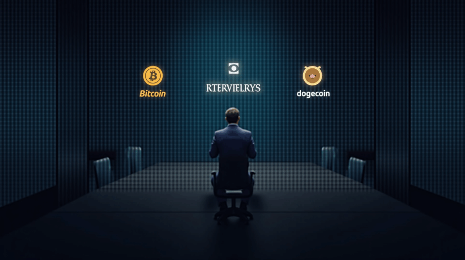 Boardroom with digital wall of BTC and Dogecoin, buyback ticker and figure outlining crypto treasury strategy.