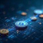 Photorealistic scene of tokenized funds moving from SWIFT ISO 20022 to on-chain assets, with Chainlink and UBS