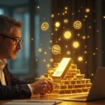 Professional investor observes gold bars transforming into blockchain tokens, a sign of tokenized gold and 24/7 trading.