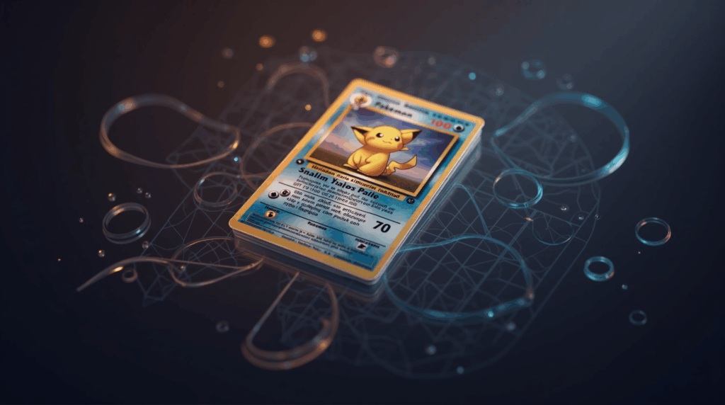 Tokenized Pokémon card as a resource with blockchain overlay, illustrating liquidity and risk in crypto lending