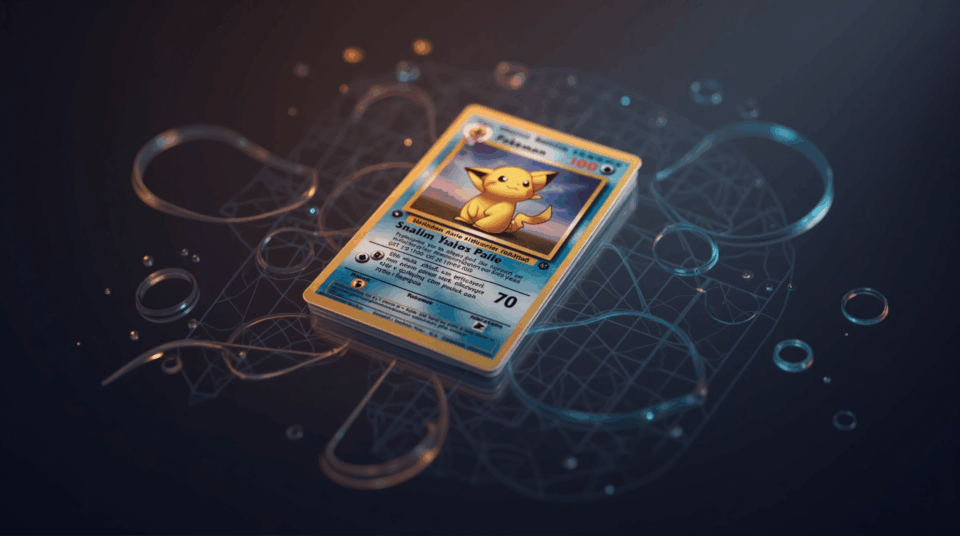 Tokenized Pokémon card as a resource with blockchain overlay, illustrating liquidity and risk in crypto lending