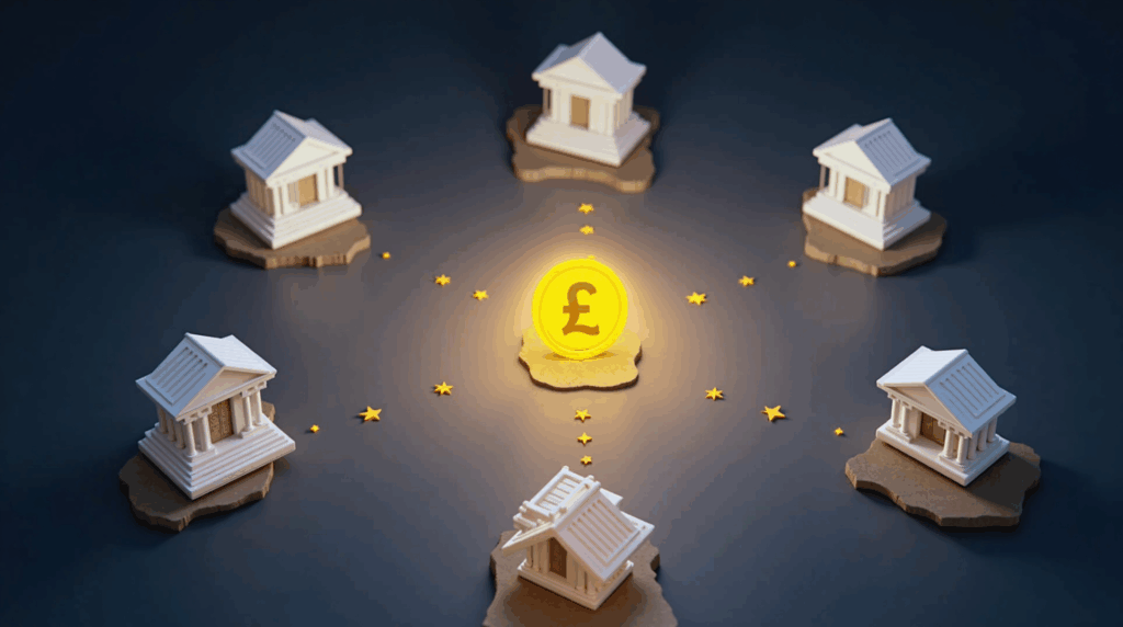 Photorealistic header: six bank icons orbiting a tokenized pound sterling deposit, in a modern newsroom.